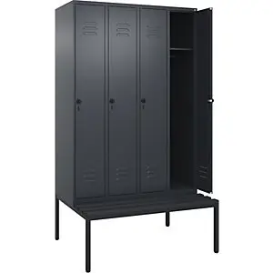 Spind Classic PLUS Sitzbank, 4 Abteile, grau, B 1200 mm, Sicherheits-Drehriegel, untergebaut, Kunststoff.