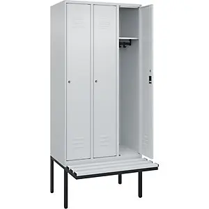 Spind Classic PLUS Sitzbank, 3 Abteile, lichtgrau, B 900 mm, Zylinderschloss, auskragend, Kunststoff.