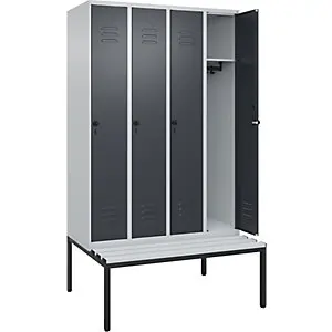 Spind Classic PLUS Sitzbank, 4 Abteile, lichtgrau / grau, B 1200 mm, Sicherheits-Drehriegel, untergebaut, Kunststoff.
