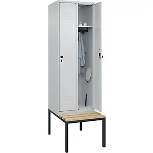 Spind Classic PLUS Sitzbank, 2 Abteile, lichtgrau, B 600 mm, Sicherheits-Drehriegel, untergebaut, Buche-Hartholz.