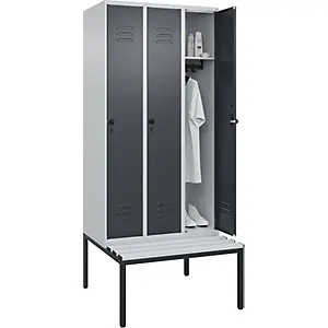 Spind Classic PLUS Sitzbank, 3 Abteile, lichtgrau / grau, B 900 mm, Sicherheits-Drehriegel, untergebaut, Kunststoff.