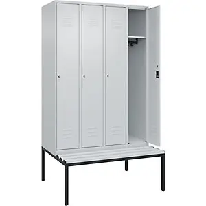 Spind Classic PLUS Sitzbank, 4 Abteile, lichtgrau, B 1200 mm, Zylinderschloss, untergebaut, Kunststoff.