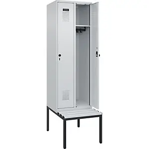 Spind Evolo PLUS Sitzbank, 2 Abteile, lichtgrau / lichtgrau, B 600 mm, Sicherheits-Drehriegel, mit untergebauter Sitzbank,...