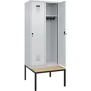Spind Evolo PLUS Sitzbank, 2 Abteile, lichtgrau / lichtgrau, B 800 mm, Sicherheits-Drehriegel, mit untergebauter Sitzbank,...