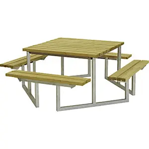 Wetterfeste Outdoor Gruppensitzbank für 8 Personen, zertifiziertes Nadelholz, natur.