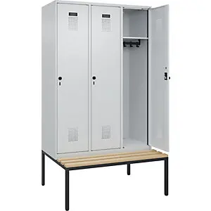 Wetterfeste Spind Evolo PLUS Sitzbank, 3 Abteile, lichtgrau / lichtgrau, B 1200 mm, Sicherheits-Drehriegel, mit untergebau...