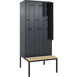 Z-Spind Evolo PLUS Sitzbank, 3 Abteile, grau, B 900 mm, Sicherheits-Drehriegel, mit untergebauter Sitzbank, Buche. | Schne...