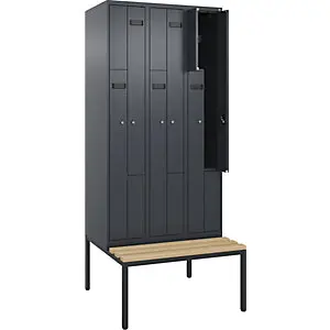 Z-Spind Evolo PLUS Sitzbank, 3 Abteile, grau, B 900 mm, Zylinderschloss, mit untergebauter Sitzbank, Buche.