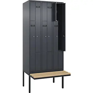 Z-Spind Evolo PLUS Sitzbank, 3 Abteile, grau, B 900 mm, Zylinderschloss, mit auskragender Sitzbank, Buche.