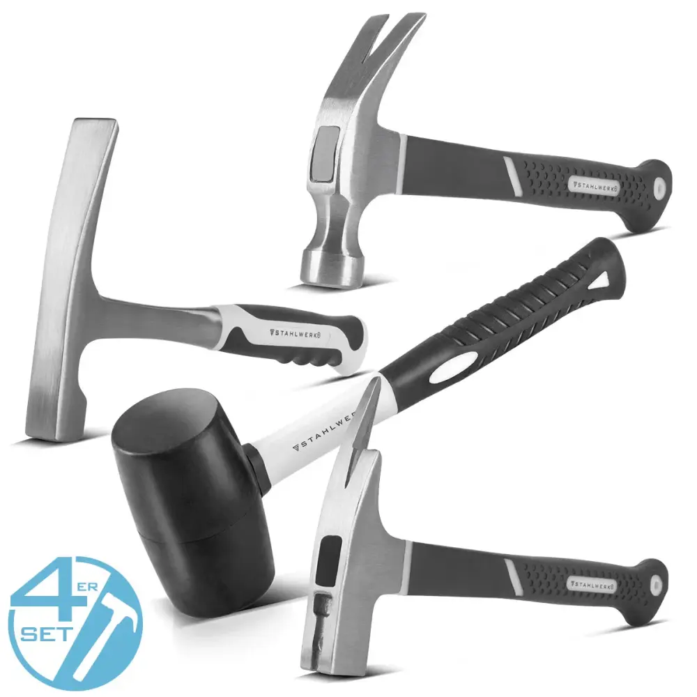 Ergonomische Premium STAHLWERK Hammer 4er Set mit Klauenhammer, Maurerhammer, Latthammer und Gummihammer