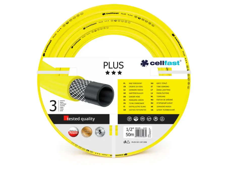 Cellfast 10-201 PLUS Gartenschlauch, 1/2 Zoll, 50 m, 3 Schichten, UV-beständig, zuverlässig, 25 Bar, algenbeständig