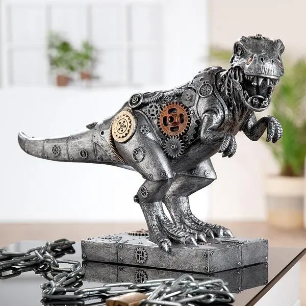 Skulptur, Dino, "Steampunk T-Rex Dinosaur", Kunstharz, silberfarben, L. 14 cm, B. 40 cm, H. 25 cm aus wetterfestem Kunststein