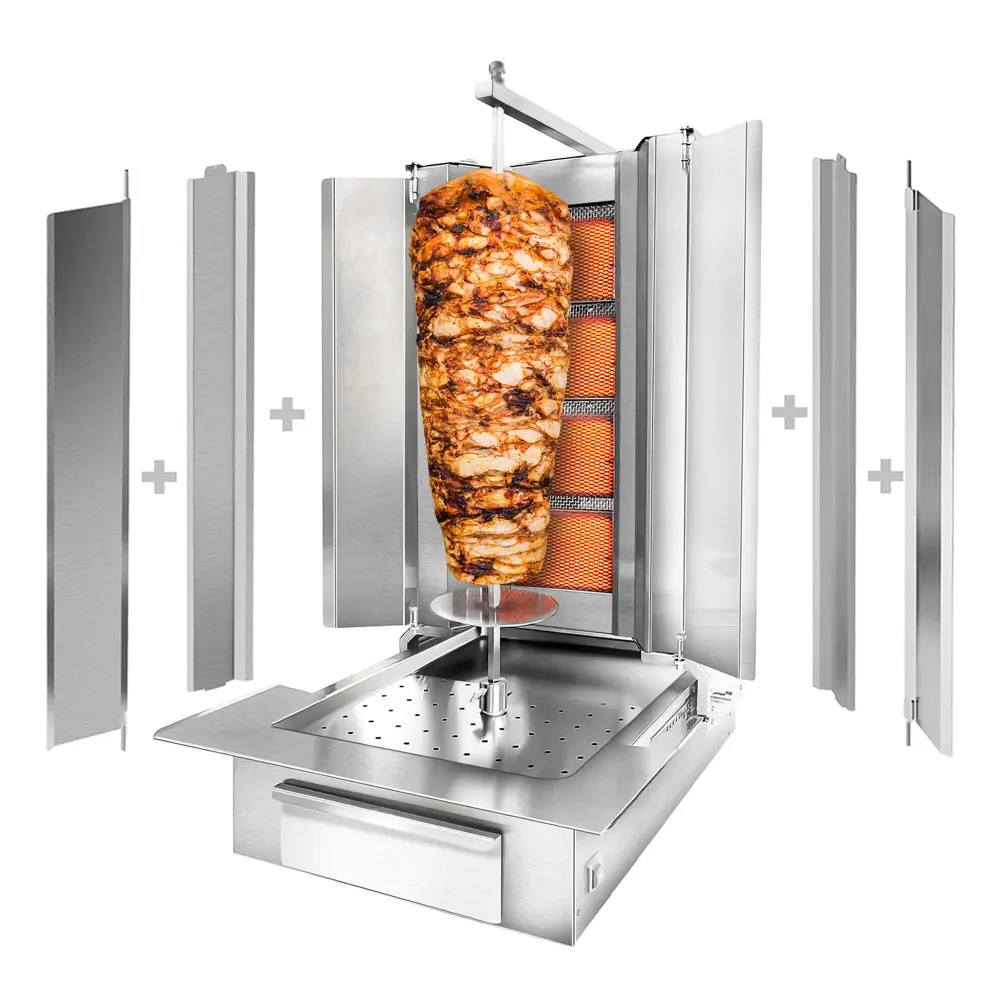 Gas Gyros-/ Dönergrill - 4 Brenner - max. 60 kg - inkl. 2 Schutzbleche & 2 Flügeltüren - Für UK
