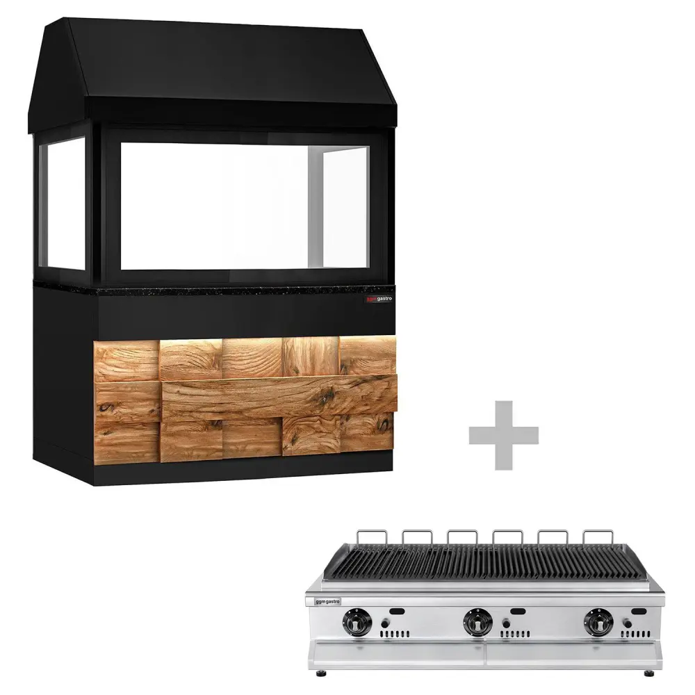 Pellet- Gasgrill TORONTO - 1500mm - Holzfront - schwarze Granit-Arbeitsplatte - Hitzeschutzglas