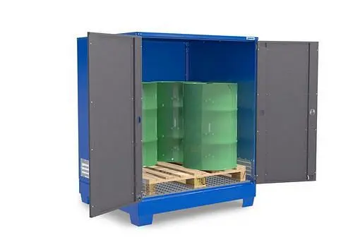 DENIOS SteelSafe Gefahrstoffdepot D4 mit Türen für 4 Fässer auf Chemiepalette 220 l 291038