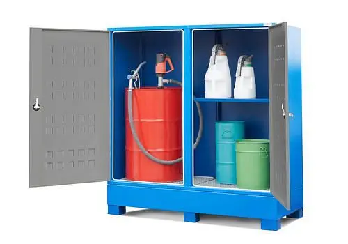 DENIOS SteelSafe Gefahrstoffdepot D2 mit Türen und 1 Regalboden für 1 Fass und Kleingebinde 259064