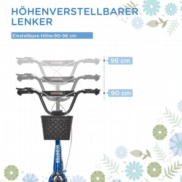 HOMCOM Kinderroller Tretroller mit Bremse Korb höhenverstellbar Gummi Blau 371-029BU