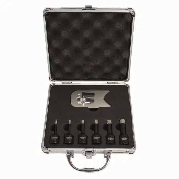 BRINKO DIAMANT-Fliesenbohrer-Set 7-teilig: Ø 2 x 6 8 10 12 14 mm 1 Zentrierführung Edelstahl 5 - 40 mm 1381-6
