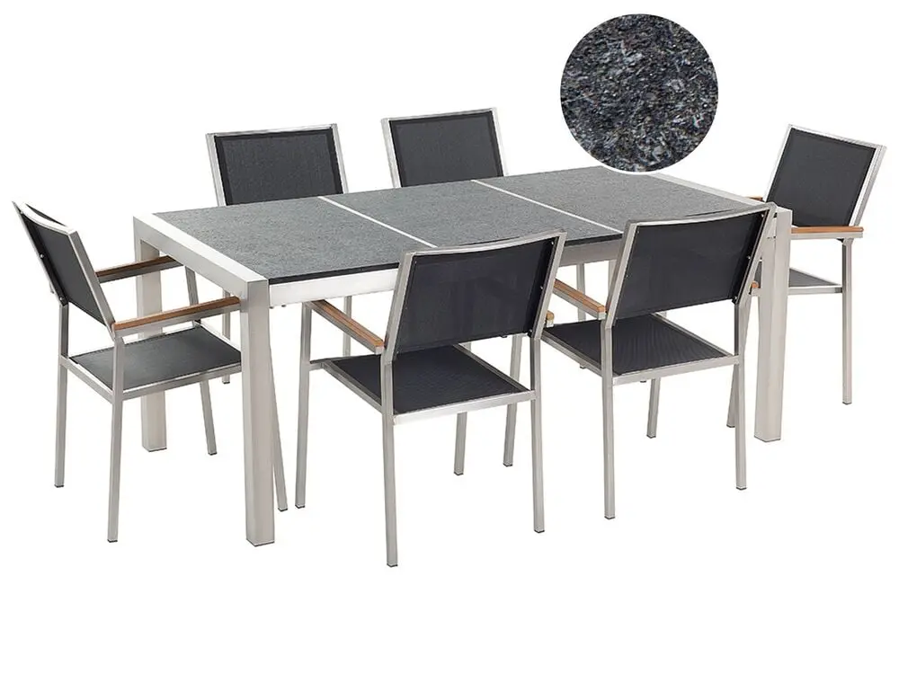 Garden Dining Set 6 Seater GROSSETO Triple Plate Granite Flamed Schwarz