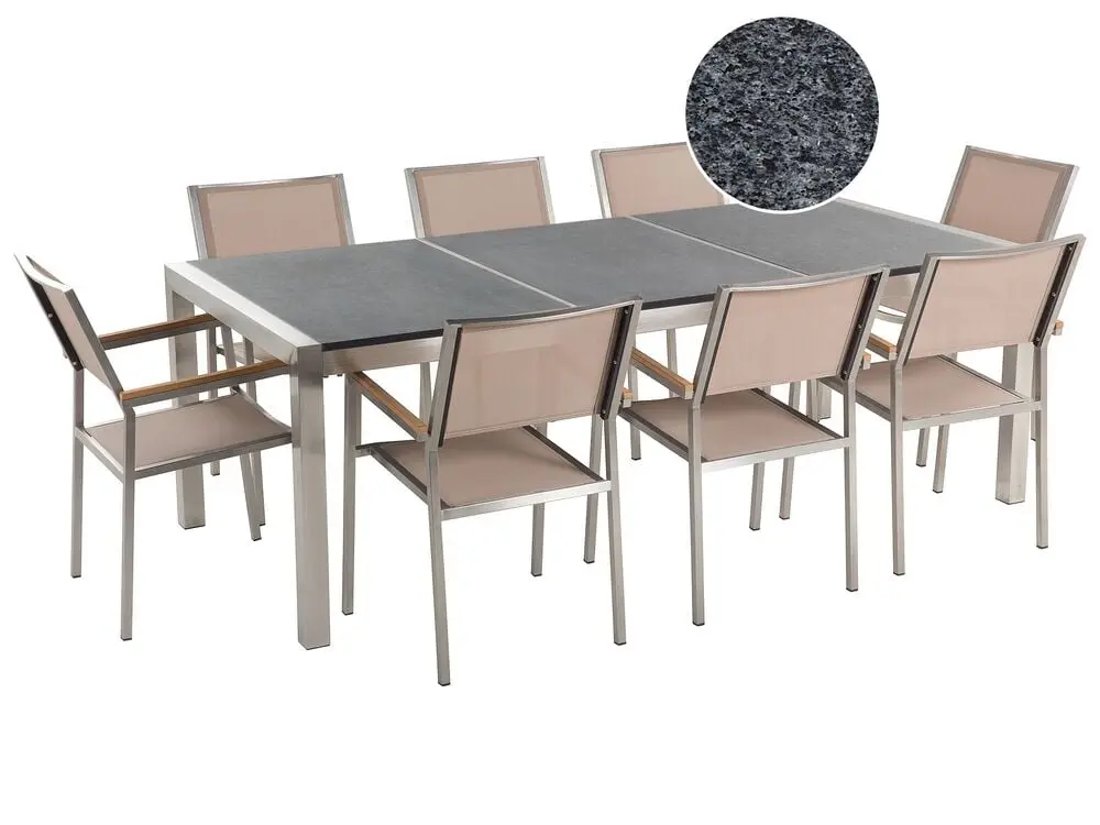 Garden Dining Set 8 Seater GROSSETO Triple Plate Granite Poliert Grey/ Beige