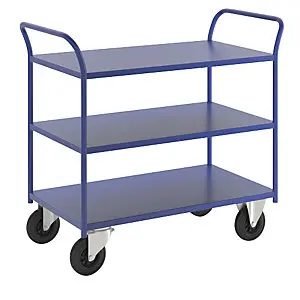 Tischwagen KM41, 3 Etagen, LxBxH 1070 x 550 x 975 mm, blau, 2 Lenk- und 2 Bockrollen. | Schnellreinigung
