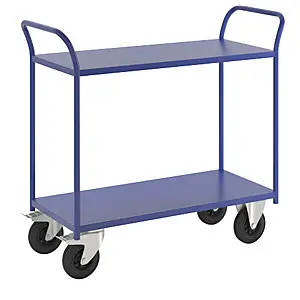 Tischwagen KM41, 2 Etagen, LxBxH 1080 x 450 x 975 mm, blau, 2 Lenkrollen mit Stopp, 2 Bockrollen.