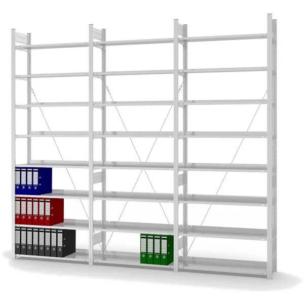 hofe Akten-Grundregal 2700x300x1000 mm 8 Fachebenen für 96 Ordner RAL 7035 60 kg Fachlast 850 kg Feldlast einseitige Bedi...