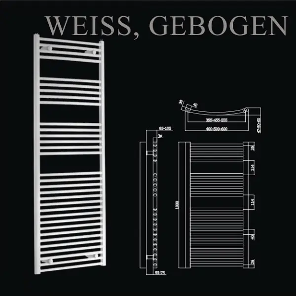 MERT Badheizkörper weiß gebogen 400 x 1000 mm Mittelanschluss 2-40x100-M