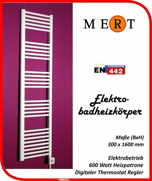 MERT Elektro-Badheizkörper weiß lineare 300 x 1600 mm befüllt E1-30x160-B