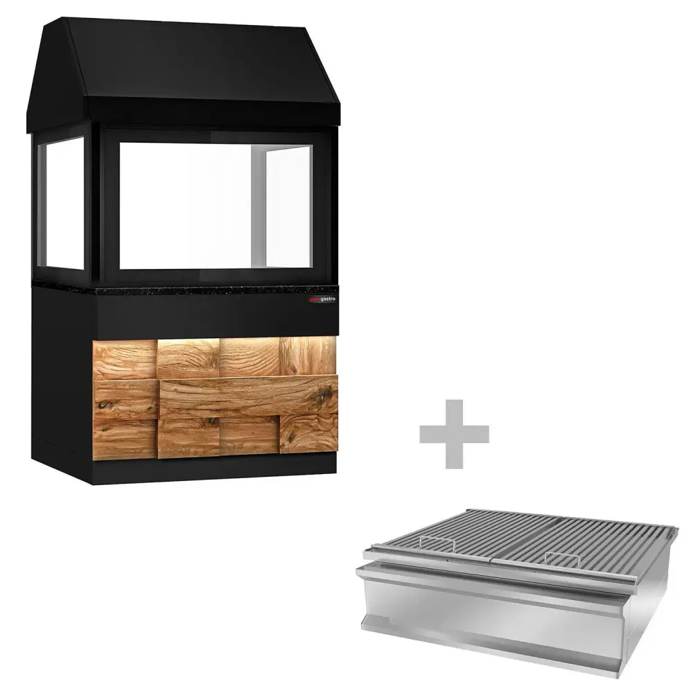 Holzkohlegrill TORONTO - 1100mm - Holzfront - schwarze Granit-Arbeitsplatte - Hitzeschutzglas Schwarz