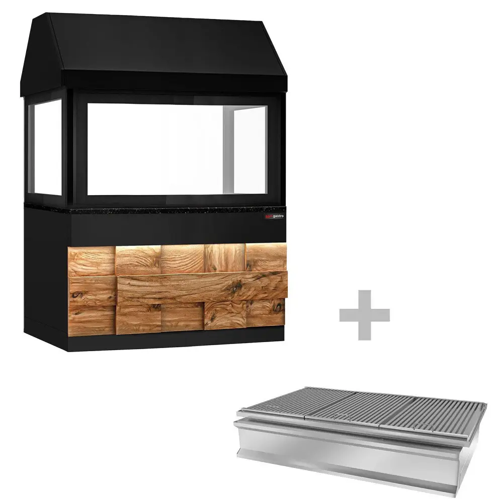 Holzkohlegrill TORONTO - 1500mm - Holzfront - schwarze Granit-Arbeitsplatte - Hitzeschutzglas mit Rollen & Ablage