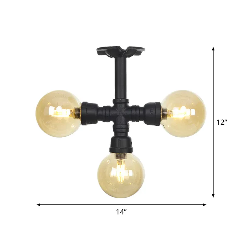 Halbmontierte Vintage-Korridor-Einbaulampe mit 3/4-Glühbirnen und bernsteinfarbenem Glasschirm Schwarz