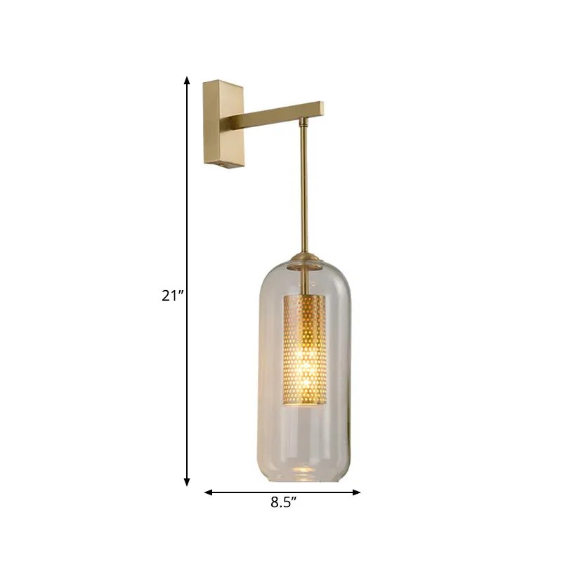 H7 Xenon Weiß Klarglas-Kapsel-Wandleuchte, moderne, stilvolle Innenwandbeleuchtung mit 1 Glühbirne und goldenem Arm