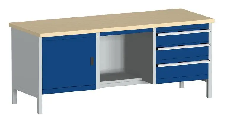 bott cubio Kastenwerkbank mit 3 Schubladen Türe 2 Ablagen Multiplex-Arbeitsplatte BxTxH: 2000 x 750 x 840 mm RAL 7035/501...