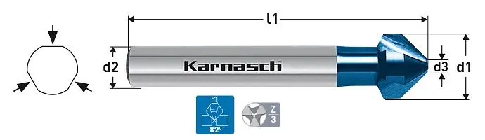 Karnasch Kegelsenker 82° HSS-XE+ Blue-Tec Beschichtet 3-Flächen-Schaft DIN 335 d=1/2' (d=124mm) VE: 2 Stück 20...