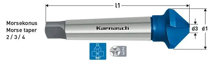 Karnasch Kegelsenker 90° HSS-XE Blue-Tec beschichtet mit Morsekonus 3 DIN 335 d=500mm 201795060