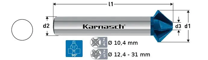 Karnasch Kegelsenker 90° VHM Blue-Tec beschichtet zylindrischer Schaft Werksnorn Typ H 5-Schneiden d=310mm 4030450310