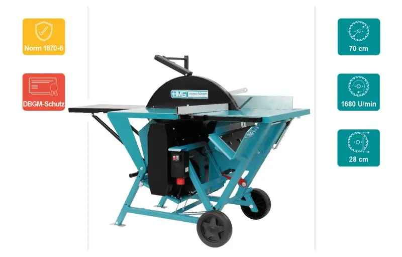 HMG Wipp- und Tischkreissäge WTSK 7-8 mit 700mm Hartmetall Sägeblatt LFZ Z42 E-Motor 7.5kw 400V Keilriemenantrieb Betrie...