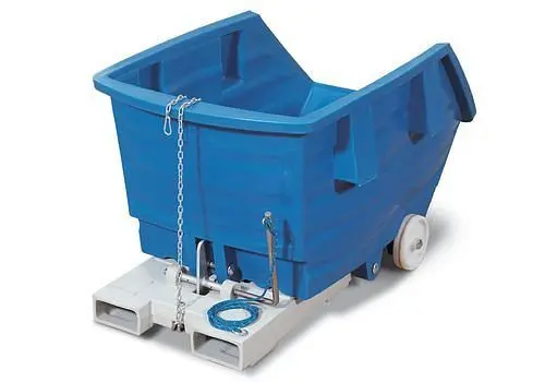 DENIOS Kippwagen aus Polyethylen (PE) mit Rollen und Gabeltaschen 750 Liter Volumen blau 144623
