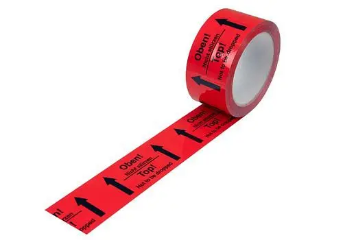 DENIOS Warn-Klebeband PP Aufdruck Oben signal-rot 50 mm breit x 66 m VE: 12 Rollen 299572