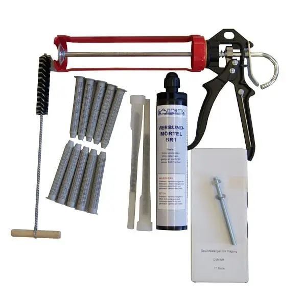 Sanremo SET 10 Injektionsmörtelsystem- 10x Ankerstange M8 x 110mm verzinkt 10x Siebhülse 13 x 100mm Auspresspistole Rein...