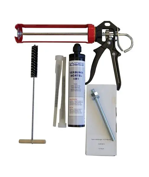 Sanremo SET 20 Injektionsmörtelsystem- 300ml Kartusche 2 Statikmischer 10x Ankerstange M12 x 160mm Edelstahl A4 Auspressp...