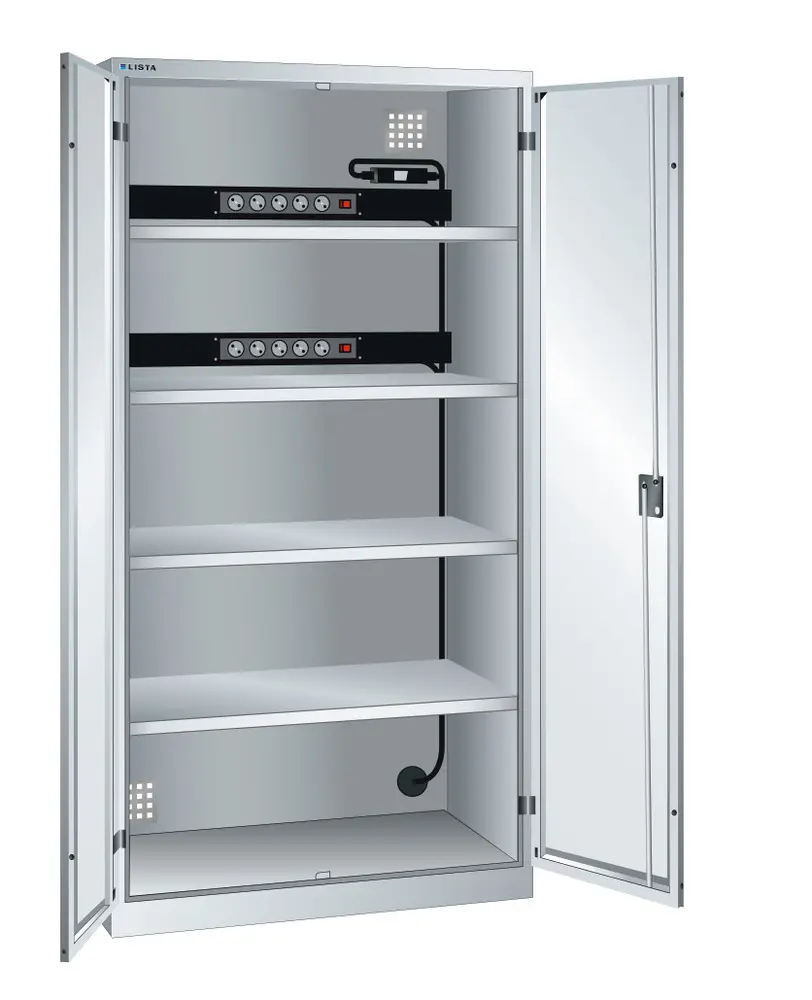 Akku-Ladeschrank Lista, B 1000 mm, 4 Böden, lichtgr. KEY Lock, 2 x 5-fach Steckdosen, 230 V, FI/LS Dieselbetrieben
