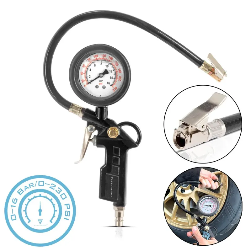 Zylinderkopf- Steelworks compressed air tire pistol DRA-161 ST | Compressed air tire filler manometer | 2--1 tire pressure...