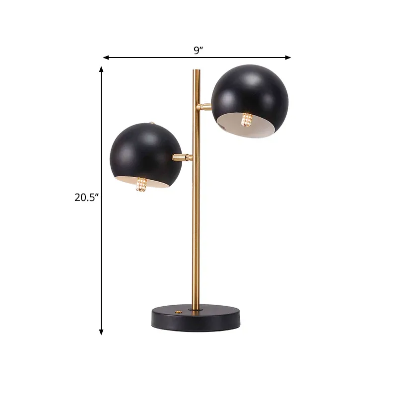 12V Schwarze kugelförmige Tischleuchte im modernen Stil, 2 Köpfe, Metall, Nachtbeleuchtung für Schlafzimmer