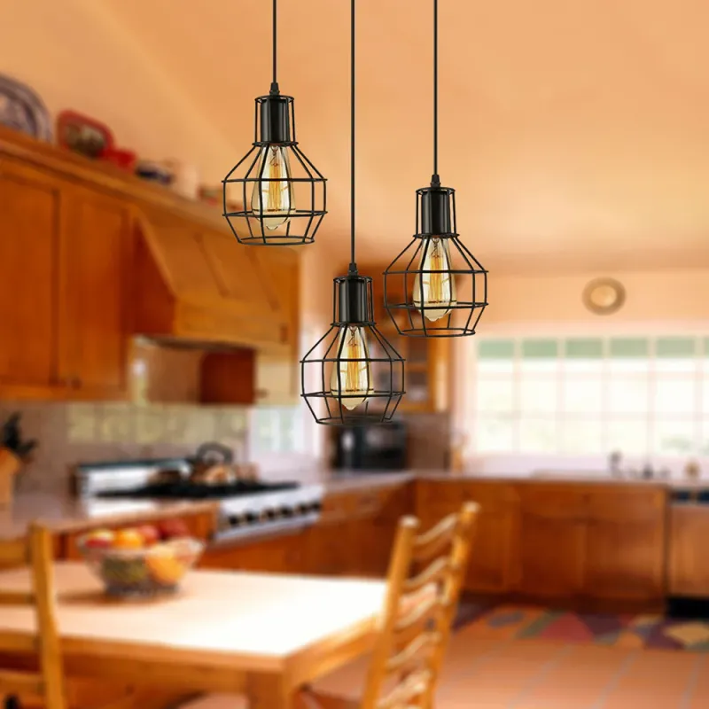 3/7-Kopf-Hängelampe Retro Global Cage Shade Metallic-Pendelleuchte mit rundem Baldachin Schwarz Einfache Anbringung