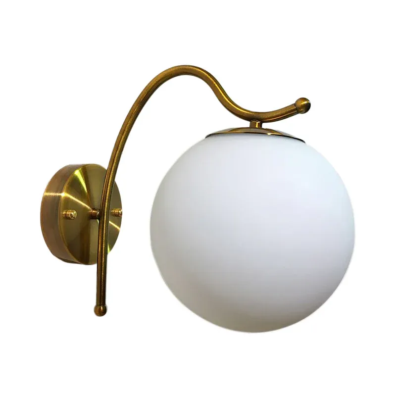 Kugel-Wandlampe, modernes weißes Glas, 1 Kopf, goldfarbene Wandleuchte mit gebogenem Metallarm für Geländewagen