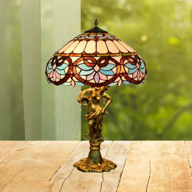 Nachtlicht mit 2 Köpfen, Zugkette, mediterraner Kegel/Kuppel, beige/blaubraune Tischbeleuchtung aus Glas mit bronzefarben...