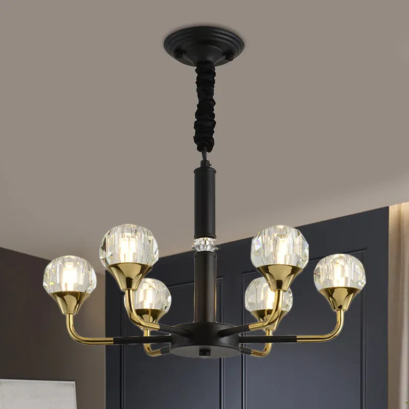 Rettungsgurt-Set 6/8/12 Köpfe hängender Kronleuchter Moderne verzweigte Kristallkugel-Hängeleuchte Schwarz-Gold