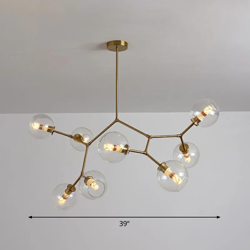 Rettungsgurt-Set Messing-Finish, molekularer Kronleuchter, postmoderne Metall-Hängeleuchte mit Kugelglasschirm